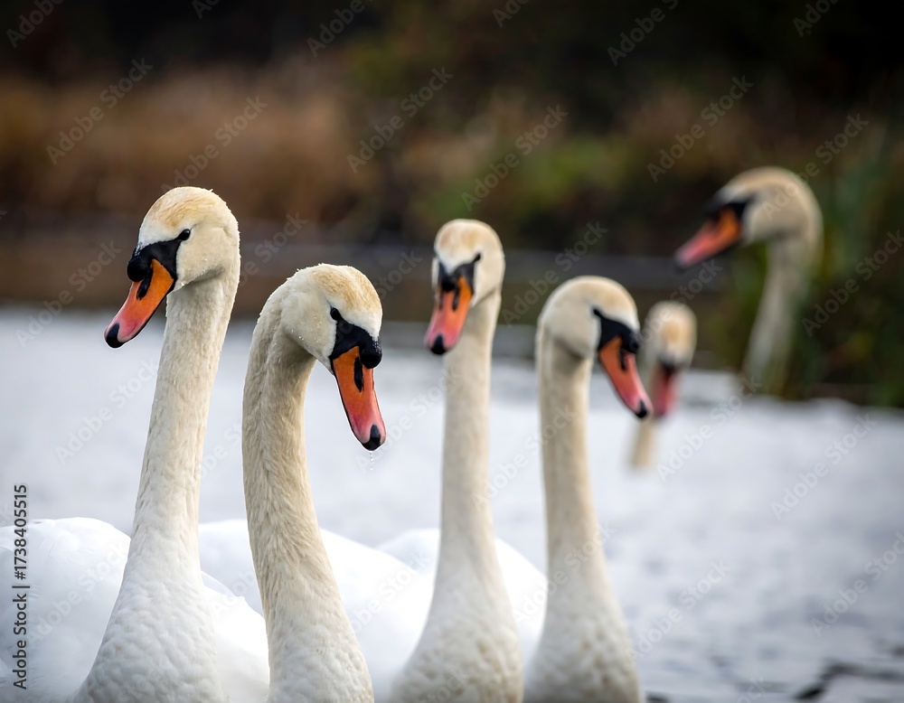 Fototapeta premium Elegant White Swans in a Row.