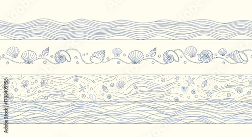 Four horizontal decorative borders with waves and seashells in blue on white.