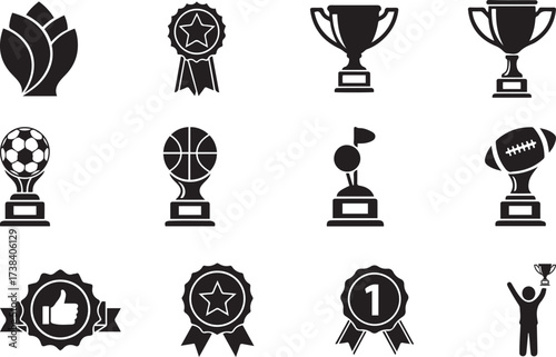 Collection Of Black Icons Featuring Trophies Medals And Sports Equipment trophy award