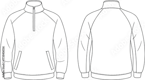 Pullover jacket flat sketch front and back view, half zip high collar, welt pockets, ribbed cuffs hem, fashion apparel template illustration