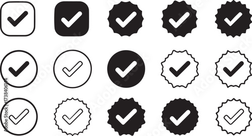 Collection of check mark icons in various shapes and styles tick correct