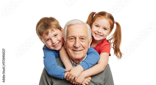 Photo of happy grandfather with two grandchildren hugging him isolated on transparent background