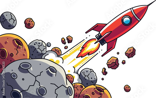 Illustration of a red rocket ship flying through space with asteroids