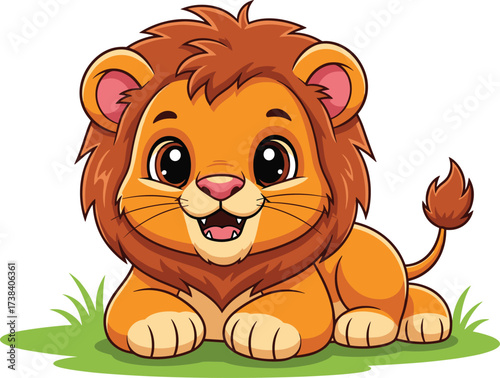 Adorable cartoon lion cub with cute face, wild animal character illustration, happy jungle king, funny safari mascot, children’s art drawing