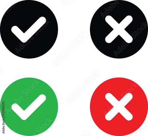 Four Circular Icons With Checkmarks and Crosses In Black Red and Green check mark