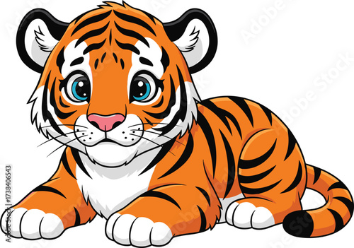 Cute cartoon baby tiger illustration with big blue eyes, orange fur, black stripes, adorable wild animal character design, vector art drawing