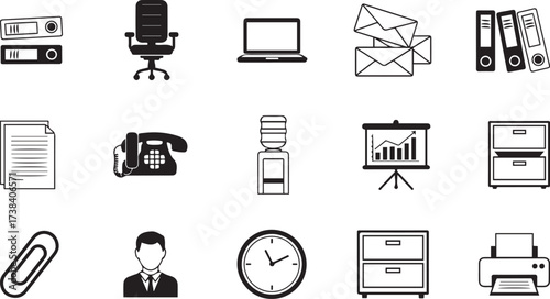 Office supplies and equipment icons set with laptop and filing cabinets Keywords: office, supplies, equipment