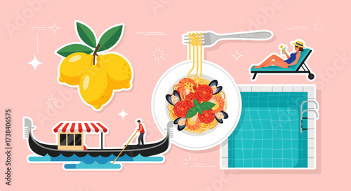 Collection of illustrations depicting Italian culture, cuisine, and leisure activities, with lemons.