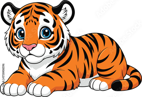 Cute cartoon baby tiger lying down with blue eyes, orange fur, black stripes, adorable jungle animal character, wild cat vector illustration