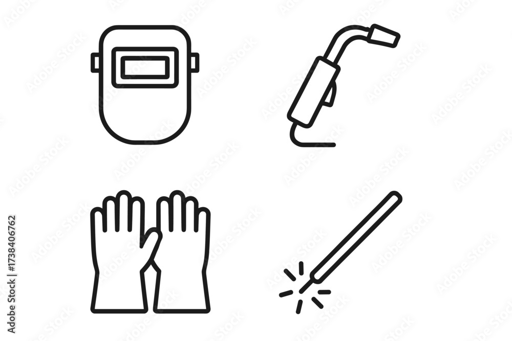 Fototapeta premium Welding equipment icons: mask, torch, gloves, electrode stick