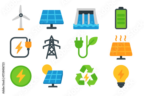 Renewable energy icons collection: solar, wind, hydro, and green technology symbols
