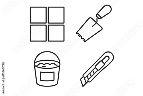 Tile installation tools: trowel, utility knife, bucket, square floor tiles