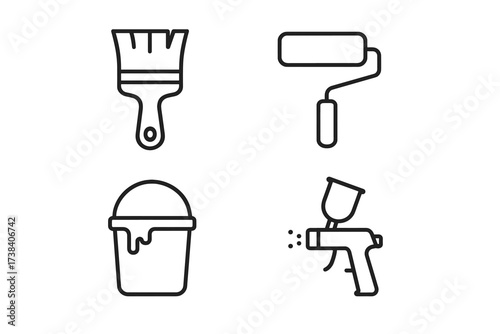 Set of minimalist painting tools icons: brush, roller, bucket, spray gun