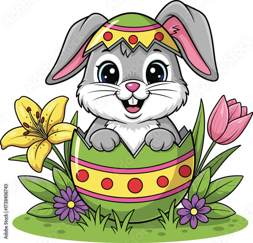 Cute Easter bunny in decorated egg with spring flowers, happy rabbit character illustration, festive holiday design for kids and celebration