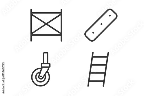 Minimalist construction icons: scaffolding, plank, caster wheel, ladder