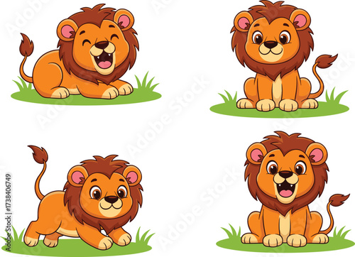 Cute cartoon lion cub character set, playful baby lion illustration, adorable jungle animal mascot design, wild nature wildlife artwork for kids