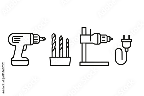 Electric drill and accessories: cordless drill, drill bits, drill press, power plug