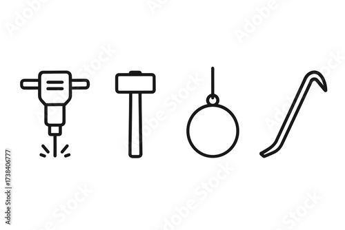 Demolition tools icons: jackhammer, hammer, wrecking ball, crowbar
