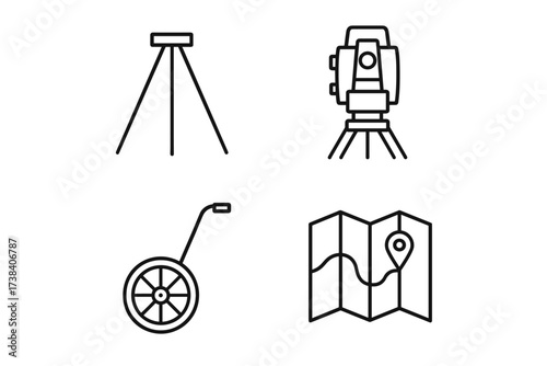 Surveying equipment icons: tripod, theodolite, measuring wheel, map