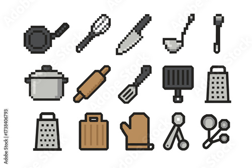 Pixel art kitchen utensils collection: cookware, tools, gadgets, and more