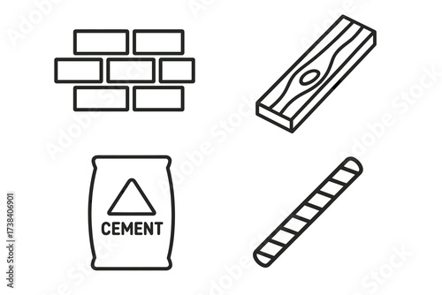 Outline icons of building materials: brick, wood plank, cement bag, steel rod
