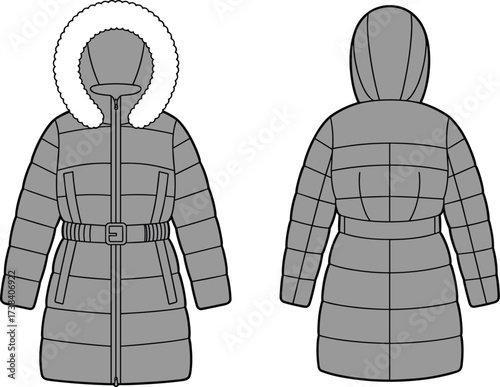Long padded winter coat flat sketch front and back view, hood with faux fur lining, belted waist, quilted fashion apparel illustration