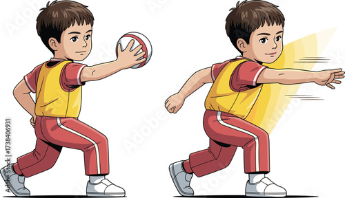 Young boy playing dodgeball in sports uniform, throwing ball with energy, active childhood exercise, fitness activity, cartoon illustration for education design