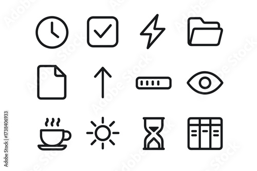 Set of minimalist black line icons for time, actions, and objects