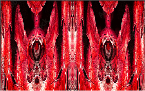 In crimson and coal, the image pulses with mirrored intricacy, an uncanny dance of forms that flicker between beast and myth.