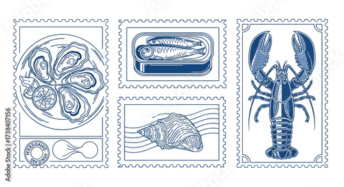A collection of five postage stamps featuring illustrations of seafood, including oysters, canned sardines, a seashell, and a lobster.