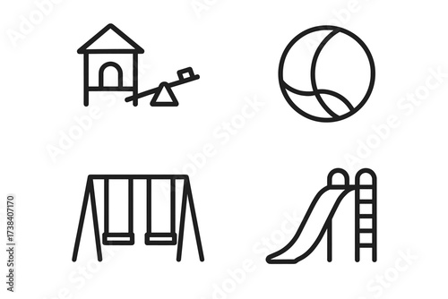 Playground icons: slide, swing, seesaw, ball - black and white illustrations