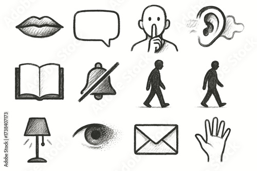 Collection of hand-drawn communication and sensory icons in black and white