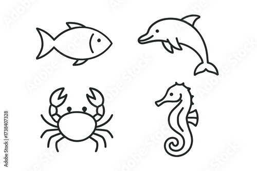 Black and white sea creatures: fish, dolphin, crab, seahorse line art