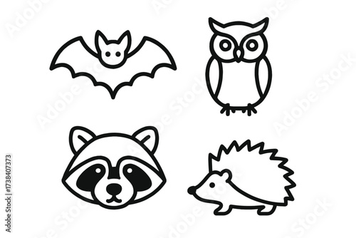 Black and white animal outlines - bat, owl, raccoon, hedgehog illustrations