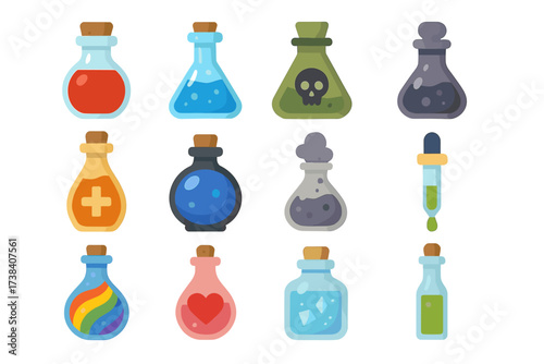 Colorful magical potion bottles and elixirs in various shapes and colors