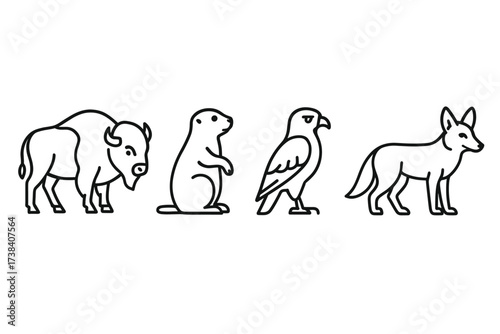 Line art illustrations of bison, prairie dog, hawk, and fox in profile view