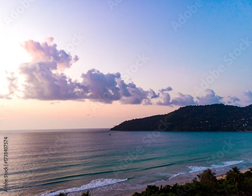 Panoramic sunset view of a tropical beach