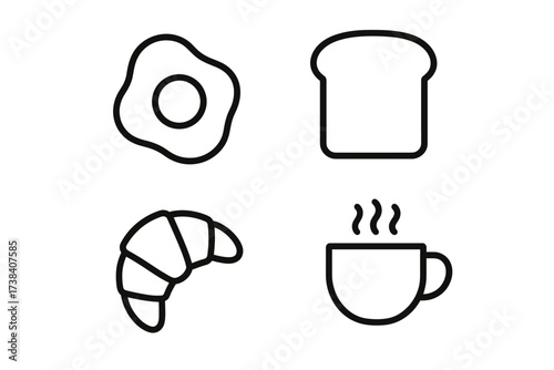 Simple breakfast icons: egg, bread, croissant, coffee cup line art