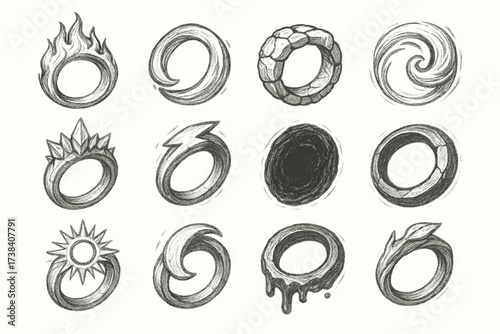 Collection of twelve abstract circular symbols with artistic designs