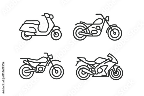 Line art collection of motorcycles and scooters: classic and modern designs