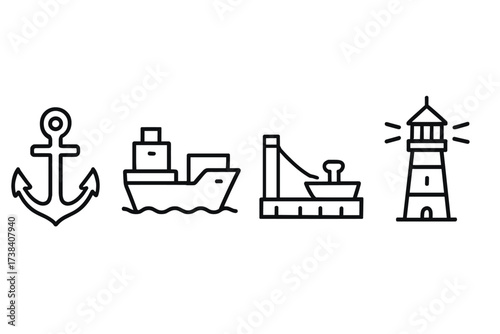 Nautical icons: anchor, ship, dock, lighthouse in minimalist design