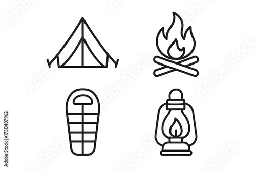 Camping essentials: tent, campfire, sleeping bag, lantern icons