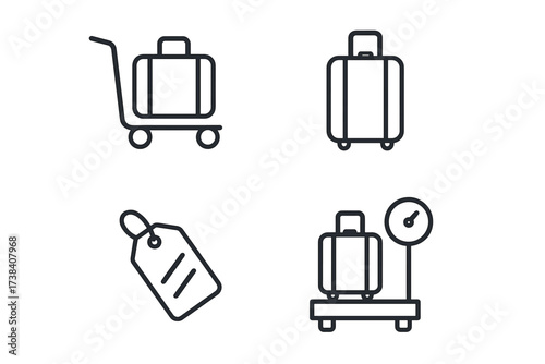 Outlined icons of luggage cart, suitcase, tag, and weighing scale