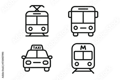 Minimalist transportation icons: tram, bus, taxi, metro