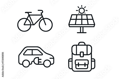 Sustainable transportation and energy icons: bicycle, solar panel, electric car, backpack