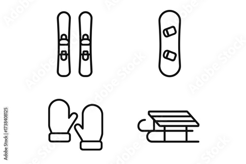 Outline icons of skiing and snowboarding equipment: skis, snowboard, mittens, and sled