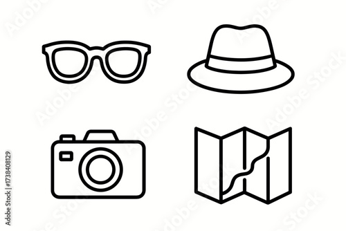 Outline icons: glasses, hat, camera, map