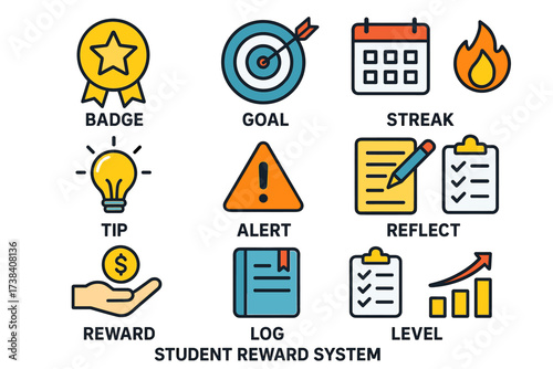 Student reward system icons: badge, goal, streak, tips, alerts, reflection, rewards, logs, levels