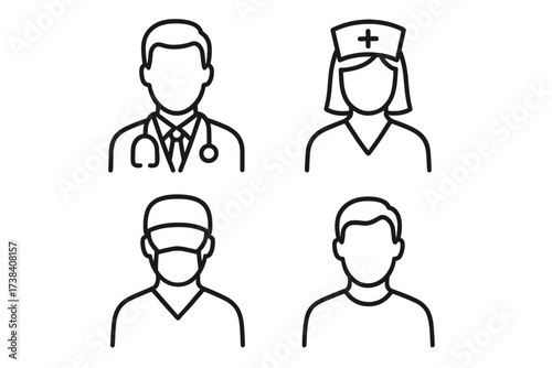Medical professions outline: doctor, nurse, surgeon, patient icons