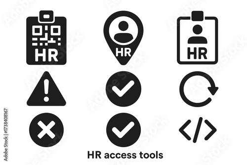 Hr access tools icons: qr code, id card, checkmark, alert, close, refresh, code